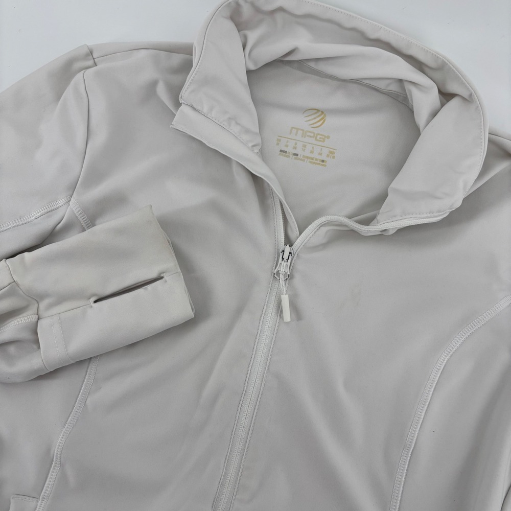 MPG Sport Full Zip Jacket Womens Medium White Thumbhole Moto Ribbed *Cuff Stains